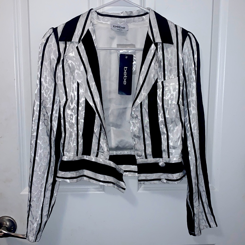 Bebe White & Black Stripe Jacquard Blouse Leopard Blazer XXS